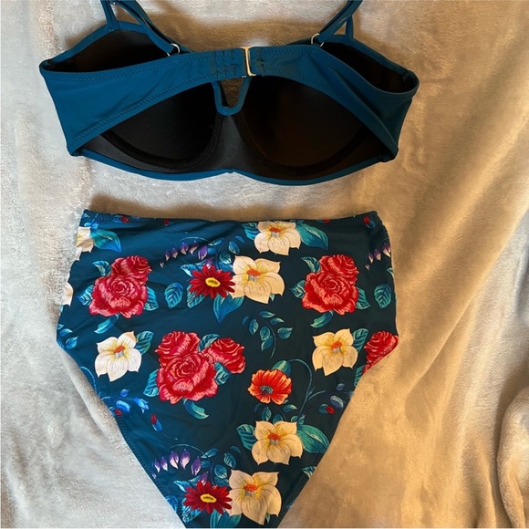 NWOT Deep Blue/Floral High Waisted Bikini - Picture 3 of 6